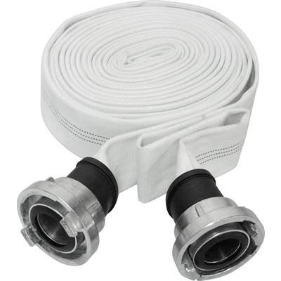 A coiled, white fire hose with two metal couplings. Such hoses are used for transporting water during fire-fighting operations.