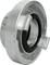 A grey Storz coupling plug made of metal, showing the front view with grooves and a black sealing ring.