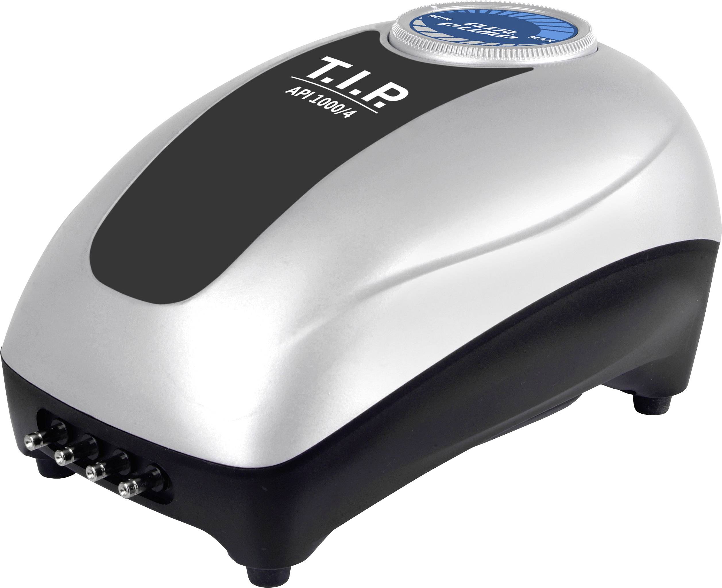 'Silver, streamlined T.I.P. AP 1000/4 air pump with black accent and blue display on top, suitable for aquariums.'