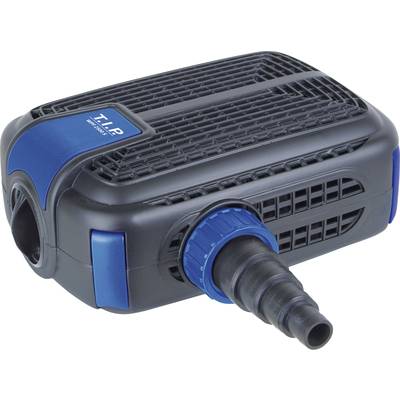 A black, rectangular water pump with blue accents and a large, ribbed inlet and a connection port.