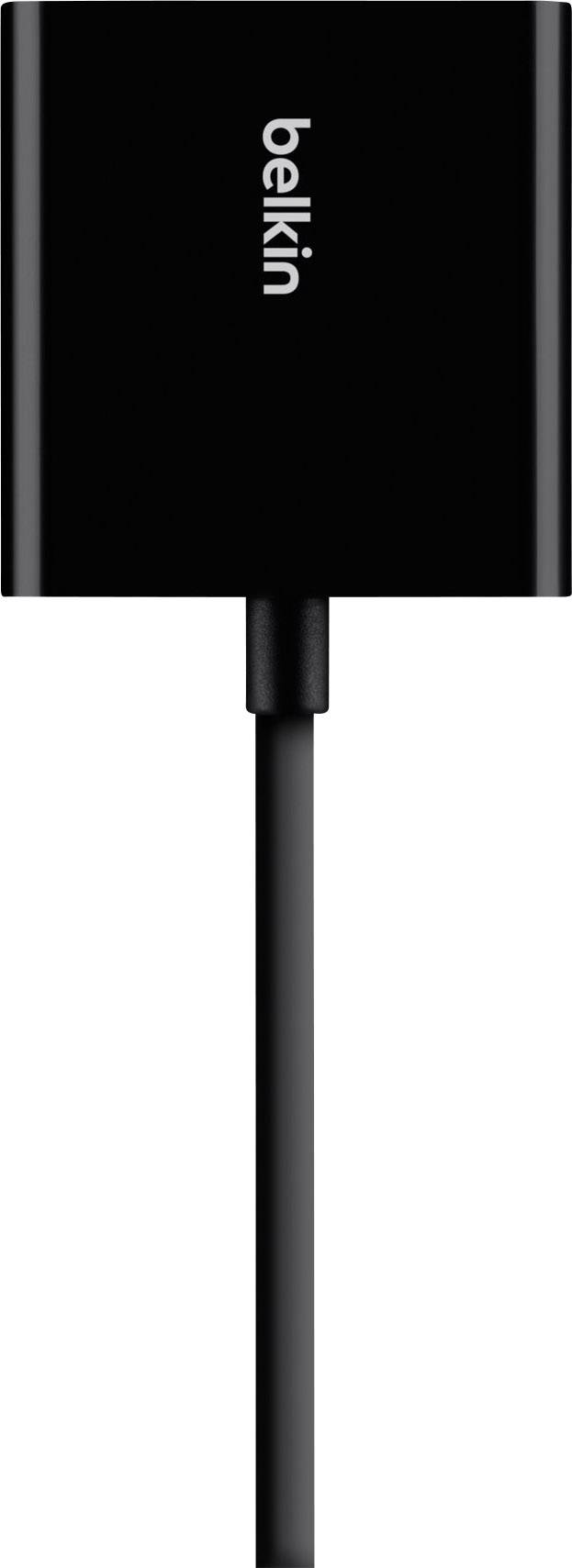 A black Belkin HDMI cable adaptor with visible company logo, shown vertically.<br><br>Note: In British English, "adaptor" is the preferred spelling (compared to the American "adapter"), and I've used "adaptor" in the translation.
