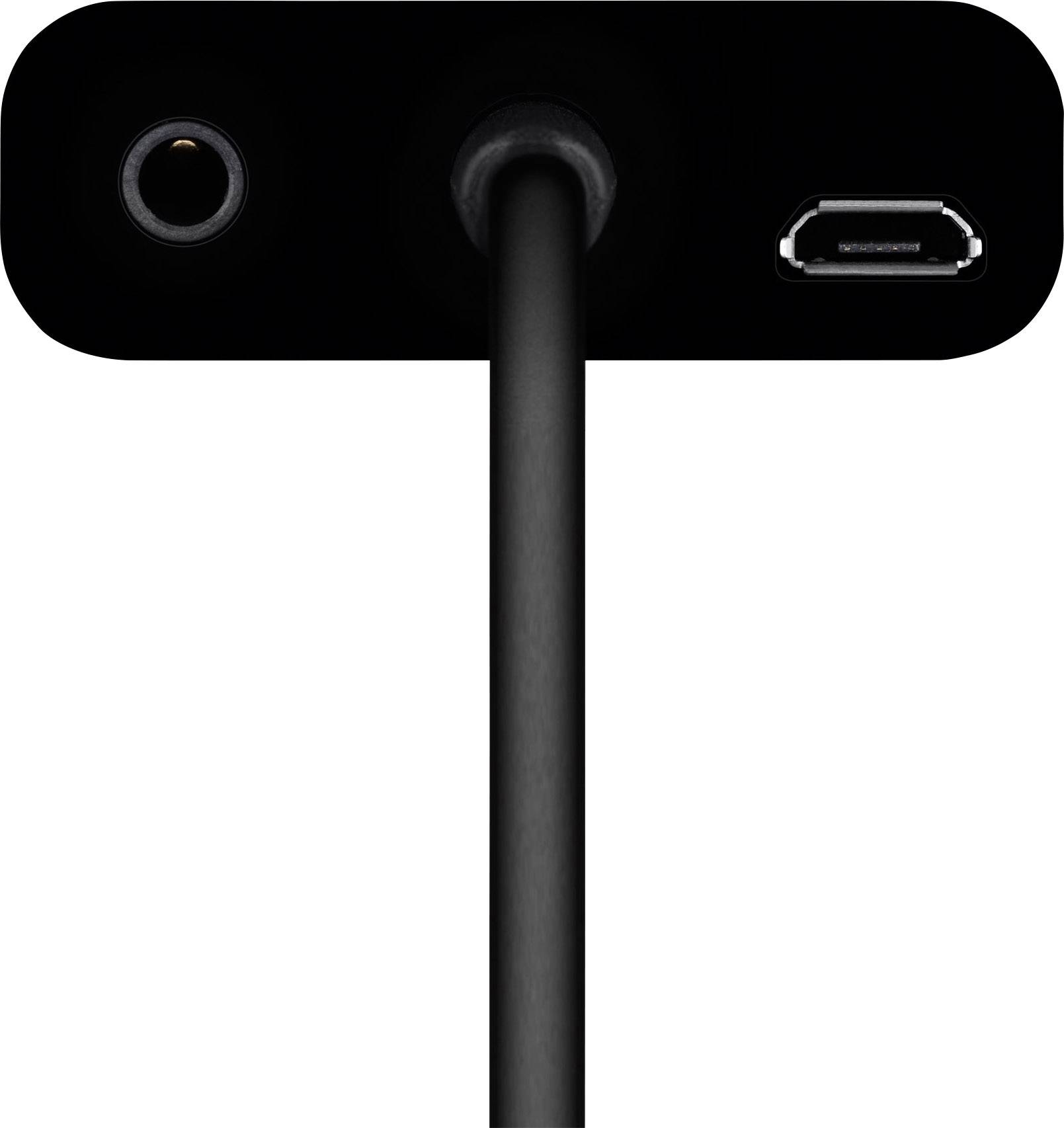 A black cable with a USB port and an audio port, vertically oriented.