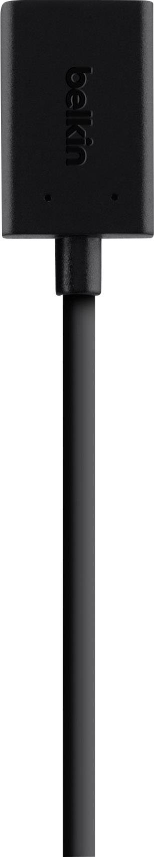 Black, flat USB cable with 'Belkin' logo on the plug, shown standing upright.