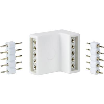 A white, rectangular adapter with side connection pins is flanked by two small, white connectors.