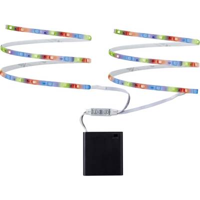 LED strip light with colourful lights in a spiral arrangement, connected to a black battery compartment and control unit.