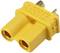 Yellow XT30 plug with two sockets and gold-plated contacts, used for electrical connections in model building and drone applications.