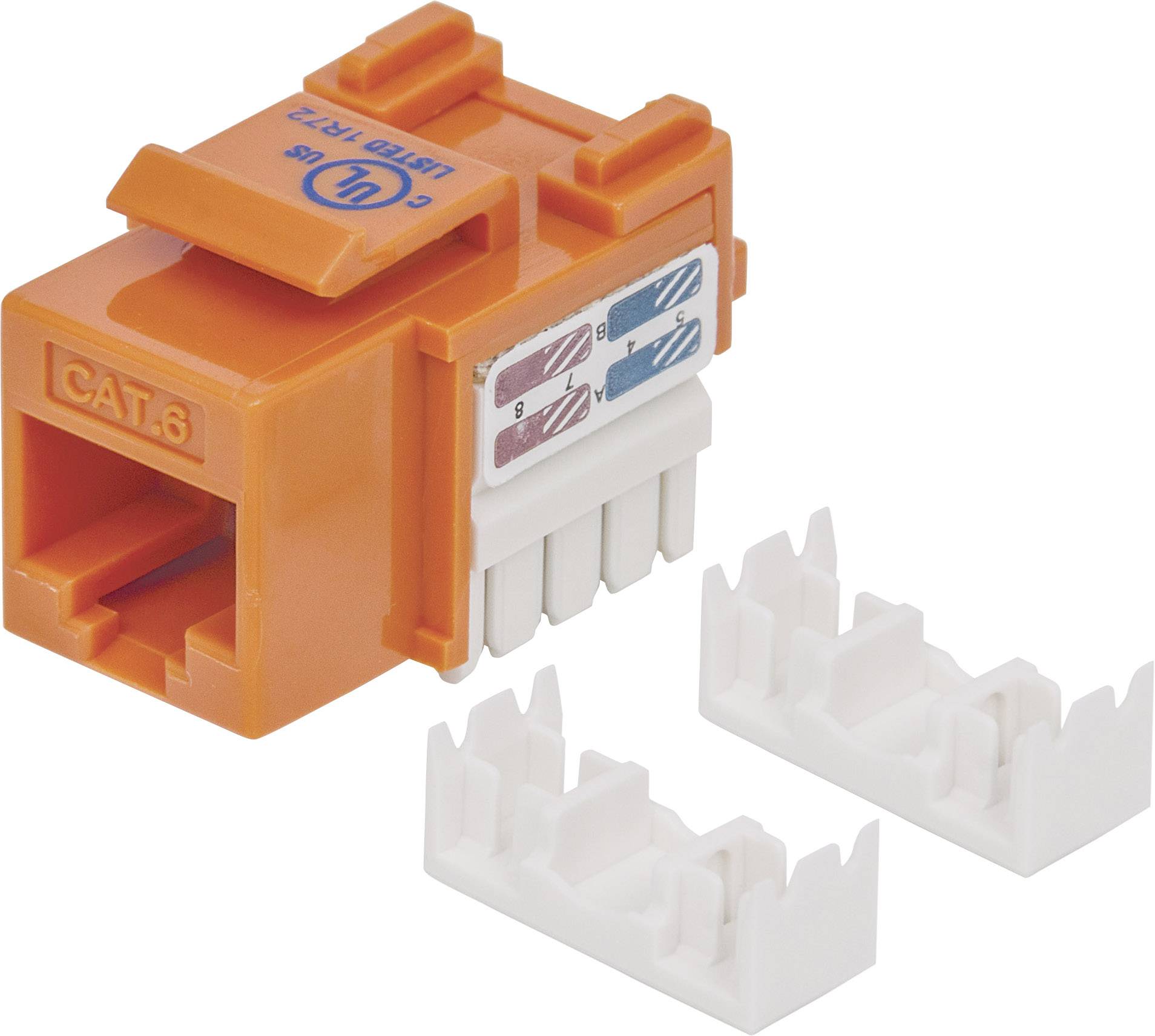An orange CAT.6 keystone module used for network installation, with two white cable management caps.
