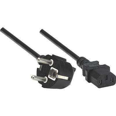 Black network cable with plug and socket. On the left: European Schuko plug with two metal pins. On the right: IEC (cold appliance) connector.