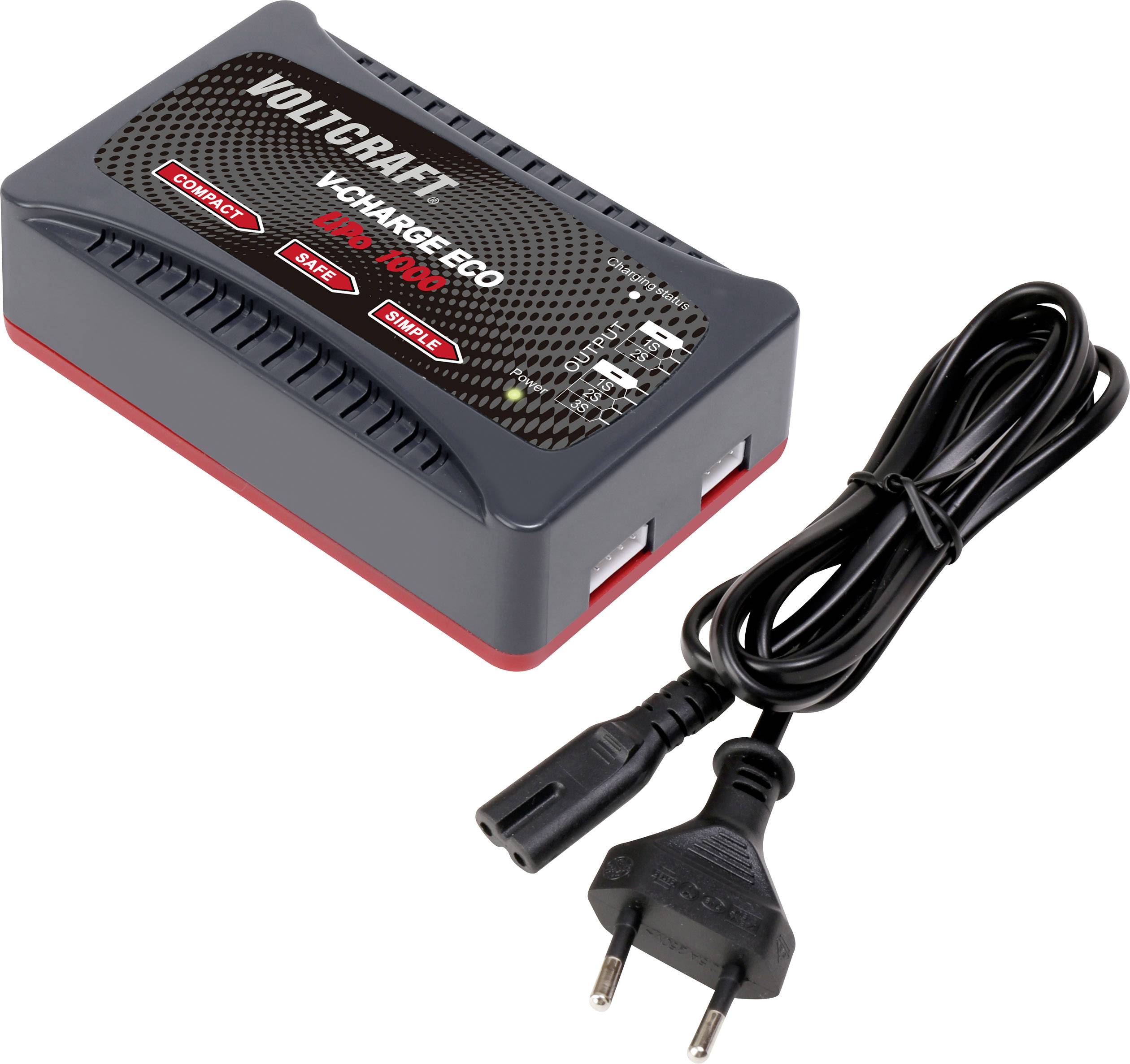 A charger for small batteries, with two charging ports and a European mains plug. Brand: Voltcraft, Model: VC•CHARGE ECO.