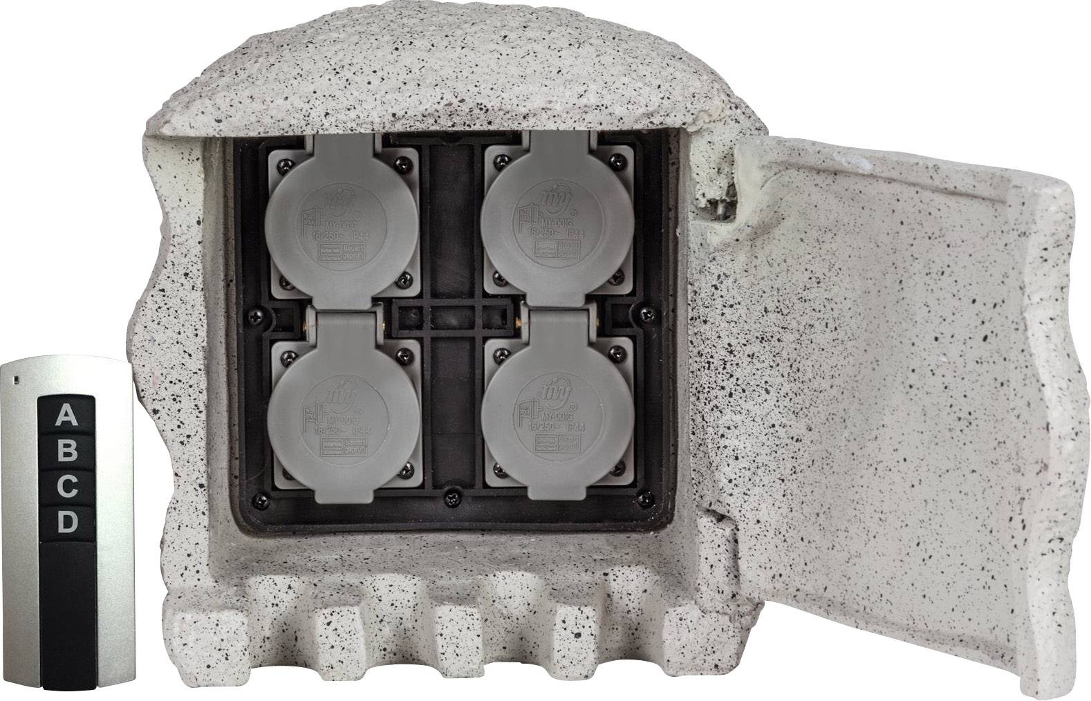 An external socket in stone-effect design with four plug points. Beside it is a cylindrical safety module labelled 'A, B, C, D'.