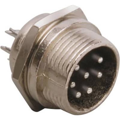 A six-pole round metal connector with threading, used for electronic connections and signal transmission.