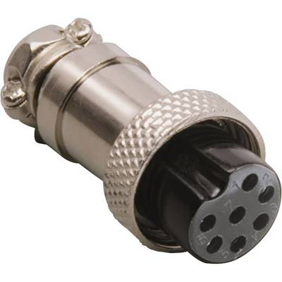 A round, metallic multi-pin plug used for electrical connections.