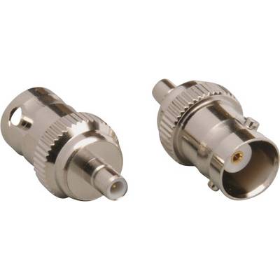 Two metal BNC plugs are positioned side by side. They have a round locking mechanism with a plug in the centre.