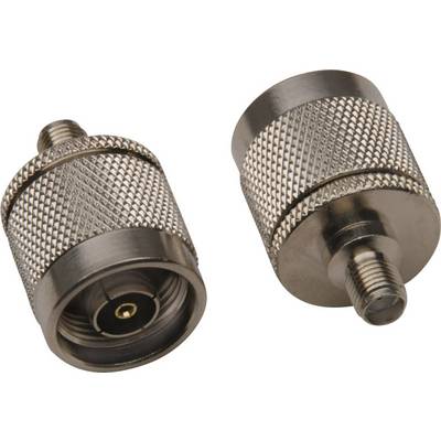 Two metal adapters, one with a female connection, the other with a male connection. Both are the same size and have knurled surfaces.