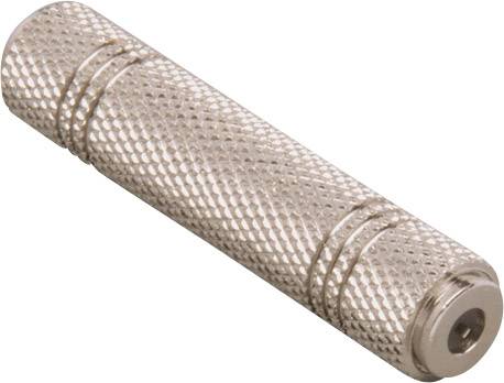 Silver 3.5 mm audio jack adapter, cylindrically shaped, with knurled surface for improved grip.