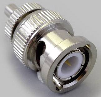 A metal BNC plug for connecting coaxial cables, recognisable by its bayonet lock and cylindrical design.