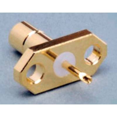 A gold-plated coaxial connector with mounting holes, possibly for connecting electronic devices.