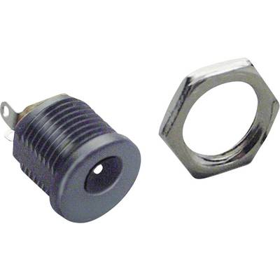'Black socket with metal ring and thread, suitable for electronic devices. Two solder connections for mounting on a circuit board.'