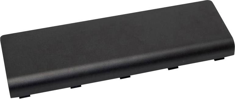 A black, rectangular laptop battery lies on a neutral background.