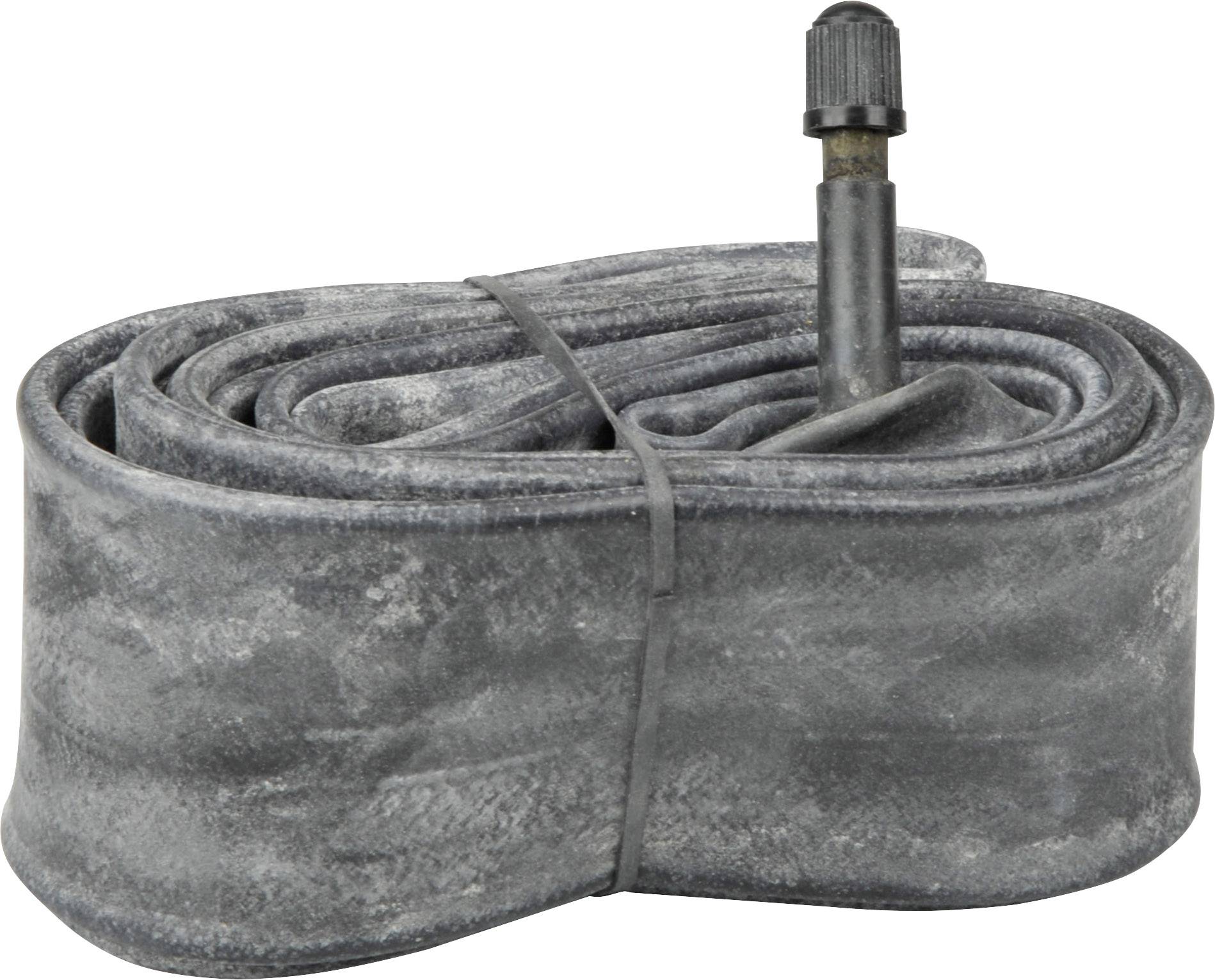 A coiled bicycle inner tube with an upright valve. The tube is black and grey, secured with a rubber band.