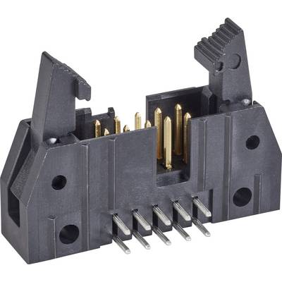 Black electrical connector with gold and silver pins, suitable for circuit board connections.