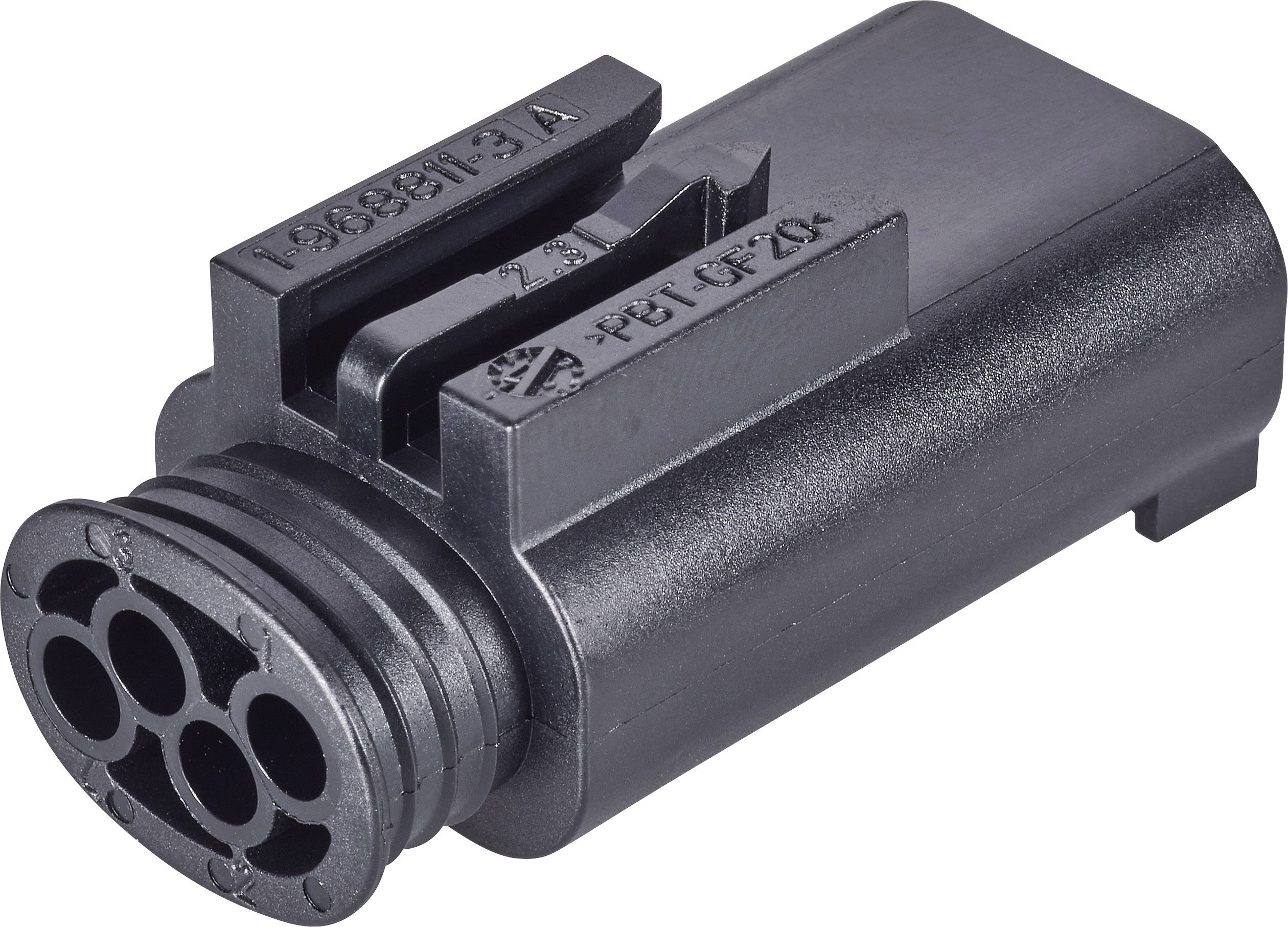 Black electrical connector with five round pins and housing. Inscription suggests a technical detail or model.