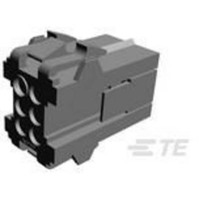 Black, rectangular electrical plug with six round openings, in a side view position.