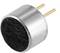 A microphone with a metal casing and two golden pins. It is used for sound recording in electronic devices.