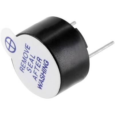 Small round electronic component with the inscription 'Remove seal after washing'. Two pins protrude for mounting.