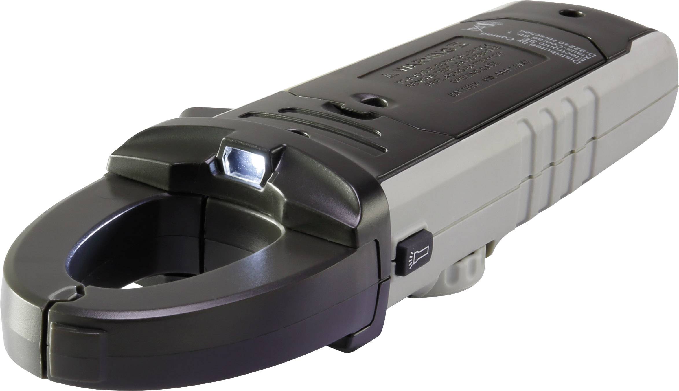 A clamp ammeter with LED light for measuring electrical currents. Ergonomically shaped, compact and portable.