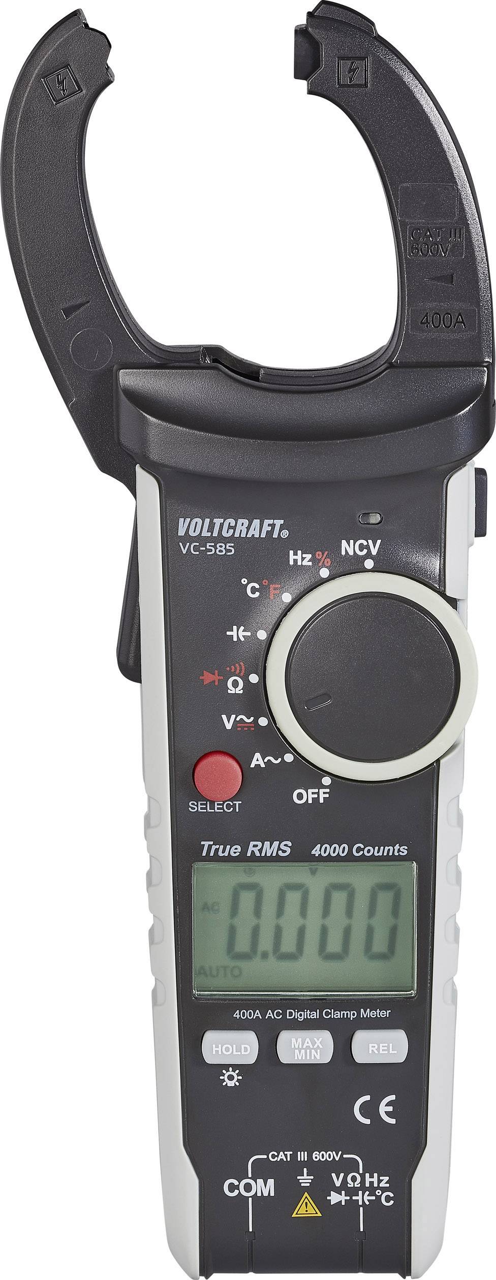 Current clamp with open measuring range, LCD display shows '0.000', buttons for mode selection and function setting are visible, suitable for AC/DC measurements.