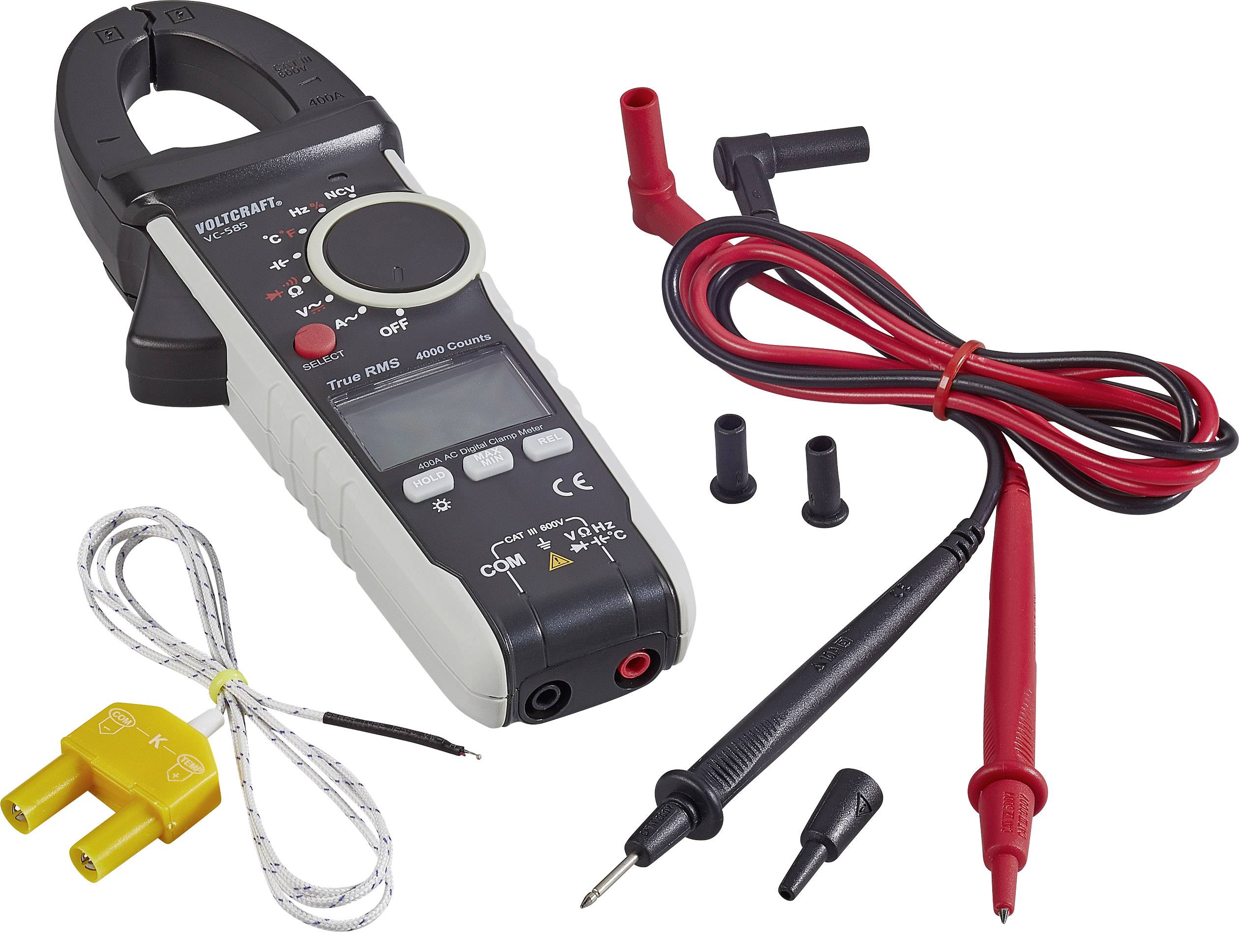 'A digital multimeter with crocodile clips, two test leads and a thermocouple connector, for electrical measurement.'