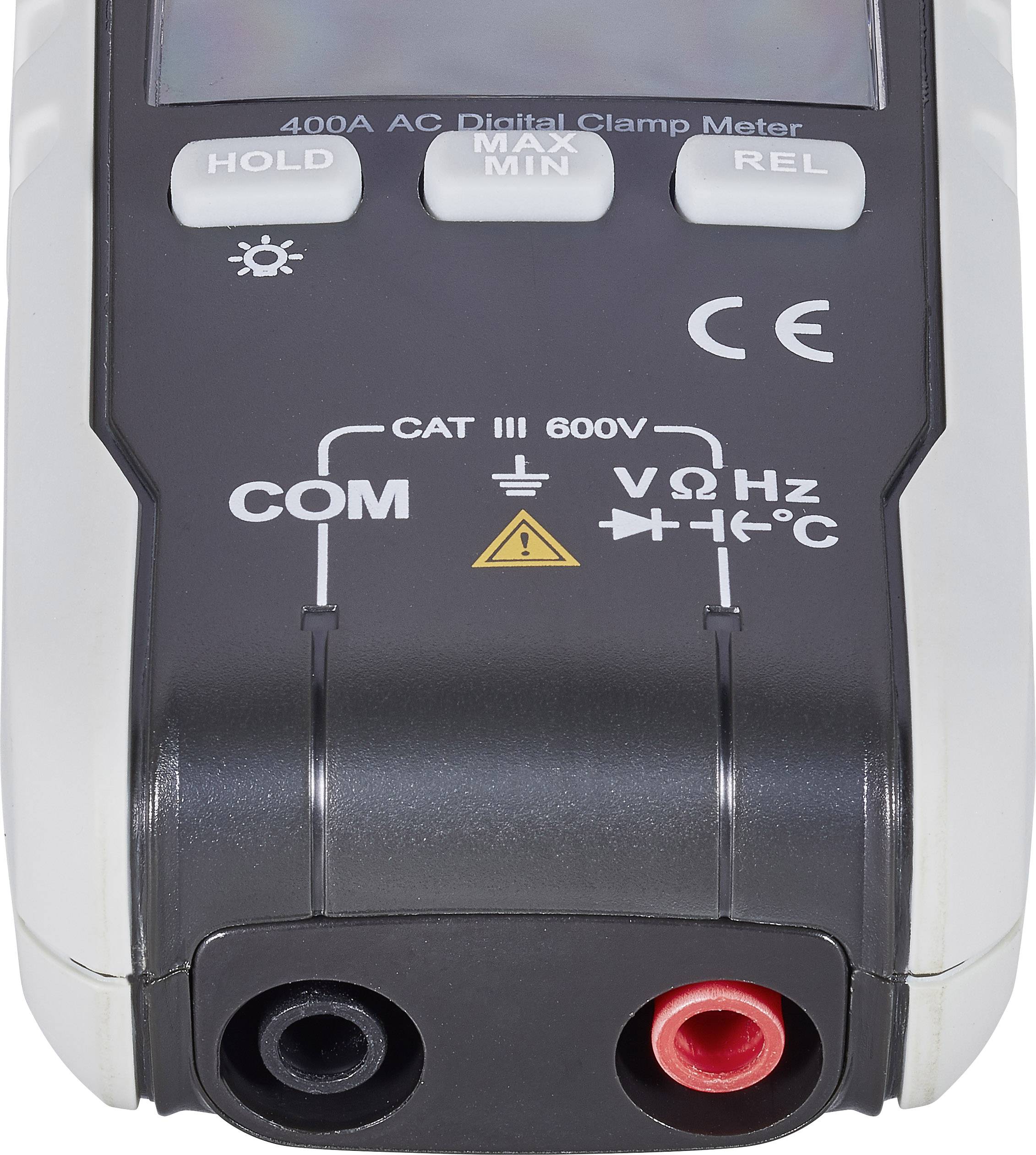 A digital clamp meter with buttons, symbols, and inputs for voltage, resistance, and temperature measurement.