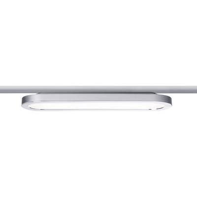 Silver, oval ceiling light mounted on a metal rod.