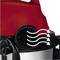 A red and black vacuum cleaner blows air through a side black grille. White arrows indicate the air flow.