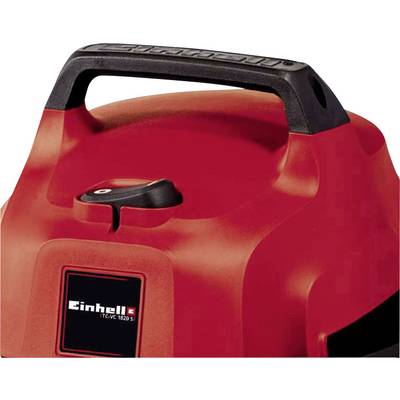 Red handle of an Einhell device, likely a vacuum cleaner or cleaning appliance, with the Einhell logo on the front.