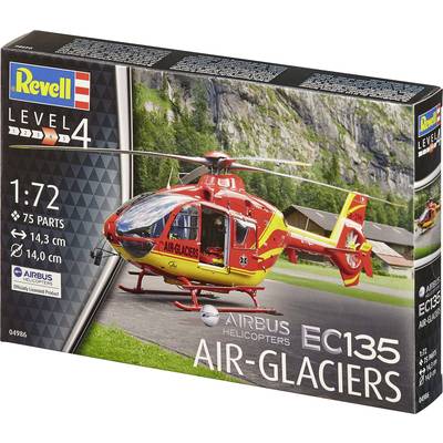 'Revell model kit EC135 Air-Glaciers in 1:72 scale, 75 parts, red-yellow helicopter, depicted on landing area against mountain backdrop.'