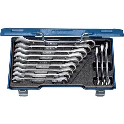 An open toolbox with eight combination spanners of varying sizes laid out on black foam.