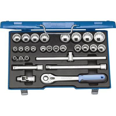 Metal toolbox with various socket wrenches and a ratchet. Tool handles in blue, arranged in an orderly manner.