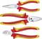 Three different insulated pliers with red and yellow handles. Top: needle-nose pliers, middle: combination pliers, bottom: side cutters.