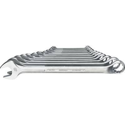 A series of ten silver spanners in varying sizes, arranged from small to large, on a white surface.<br><br>Note: In British English, "wrench" is typically used for larger adjustable tools, while "spanner" is the more common term for fixed-size wrenches.
