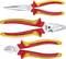 Three pliers with red and yellow handles. Top: Flat-nose pliers, Middle: Side cutters, Bottom: Combination pliers. All with VDE protection.
