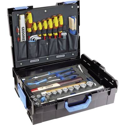 An open toolbox displays various tools such as screwdrivers, spanners, and pliers, neatly arranged.