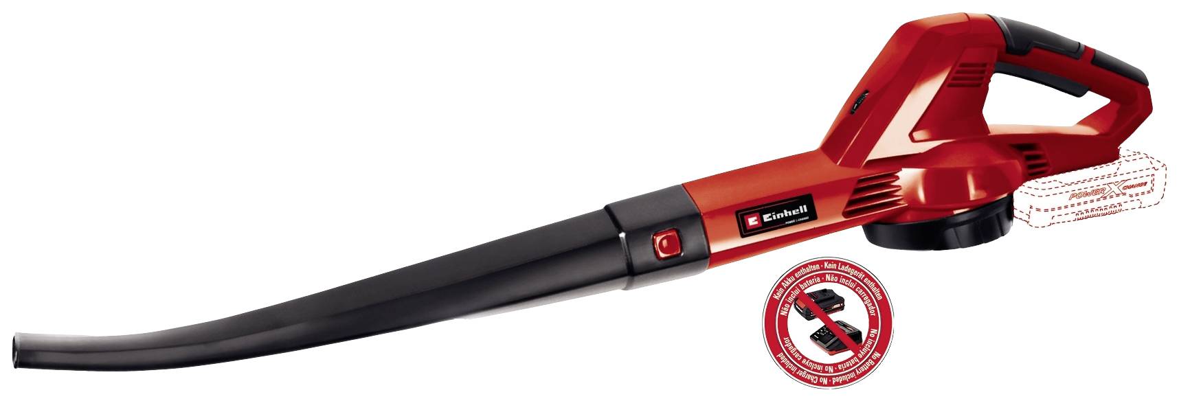 Einhell Leaf Blower in Red and Black, suitable for removing leaves and debris. Lightweight, compact design for easy handling.