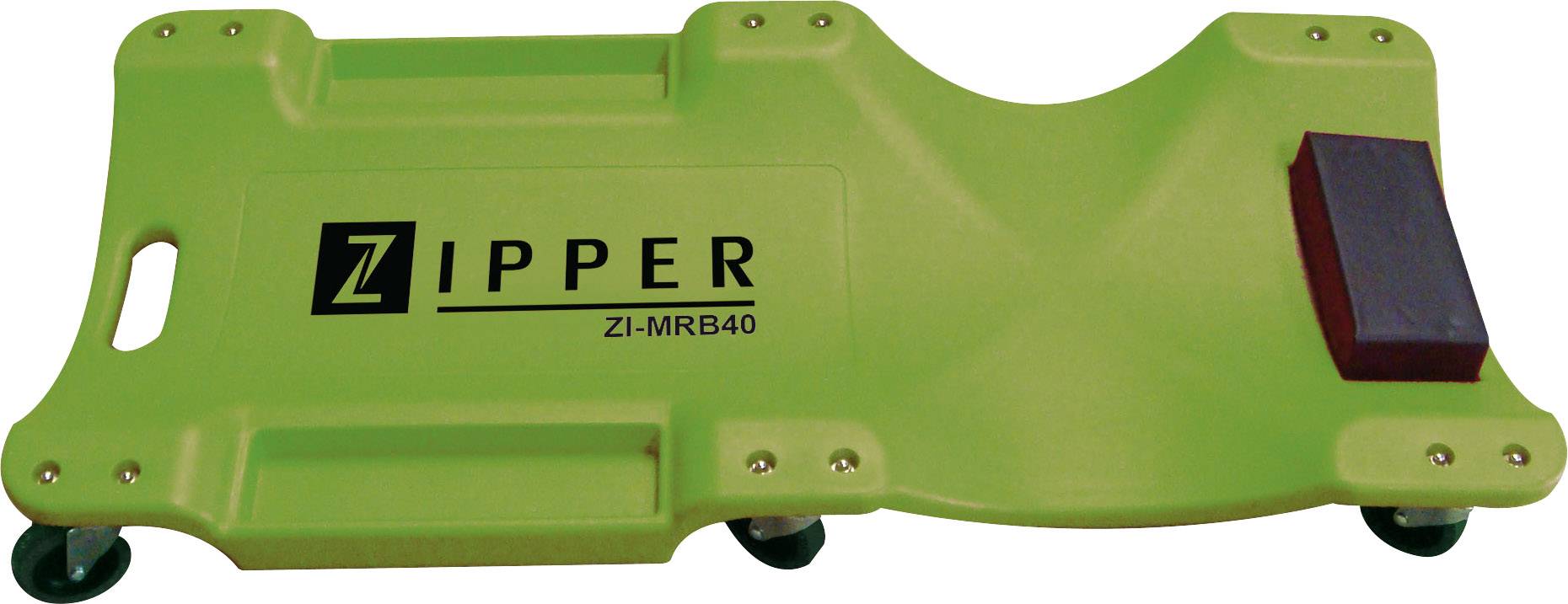 Green mechanic's creeper with 'Zipper ZI-MRB40' logo, suitable for working underneath vehicles. Four wheels, rectangular head cushion.