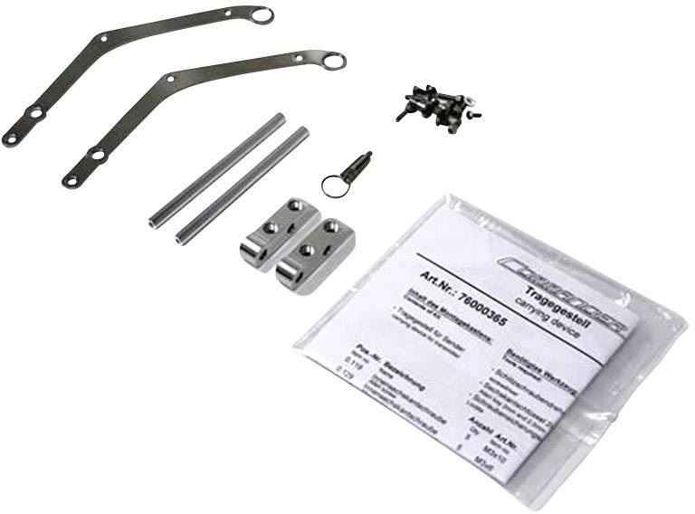 A set of mounting accessories, comprising metal rods, screws, two brackets, and an instruction manual.