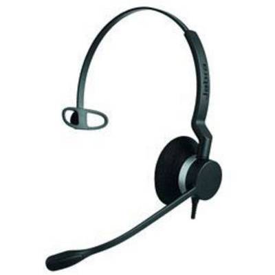 A black headset with an ear hook and a microphone arm. The brand name is printed on it.