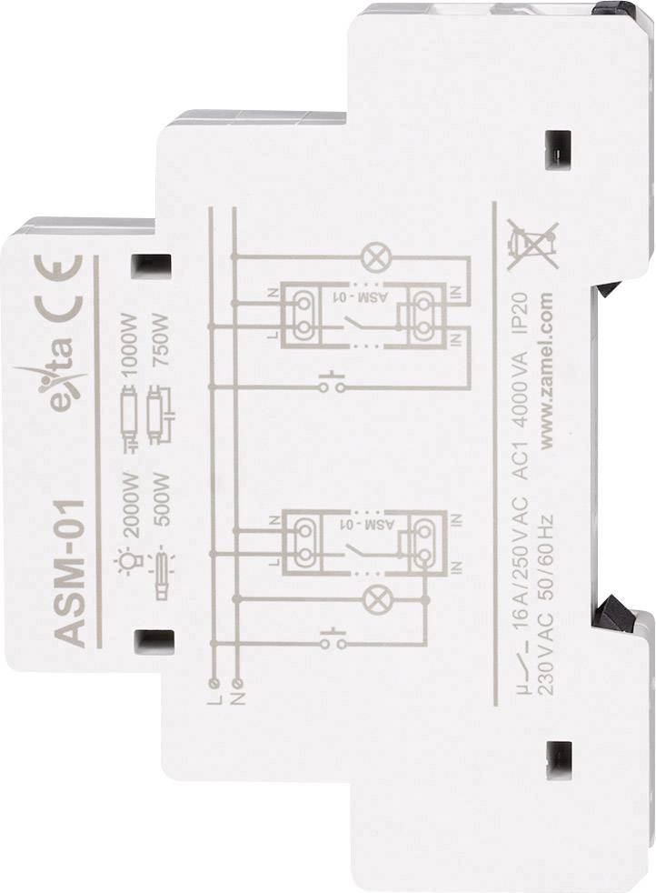 'ASM-01 Relay Module' for DIN rail mounting, with current and voltage specifications, CE-certified.
