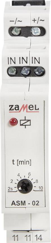 A time relay module from Zamel with a rotary dial for time setting (0.1-10 minutes) and a red LED indicator for operational status.