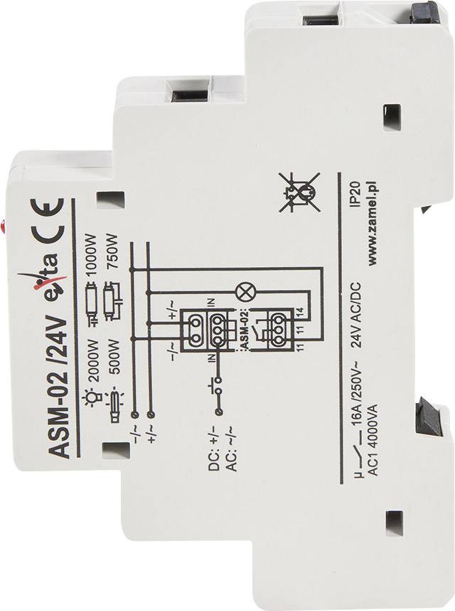 A white electrical relay with technical specifications and circuit diagram printing for connections, voltage, and power rating.